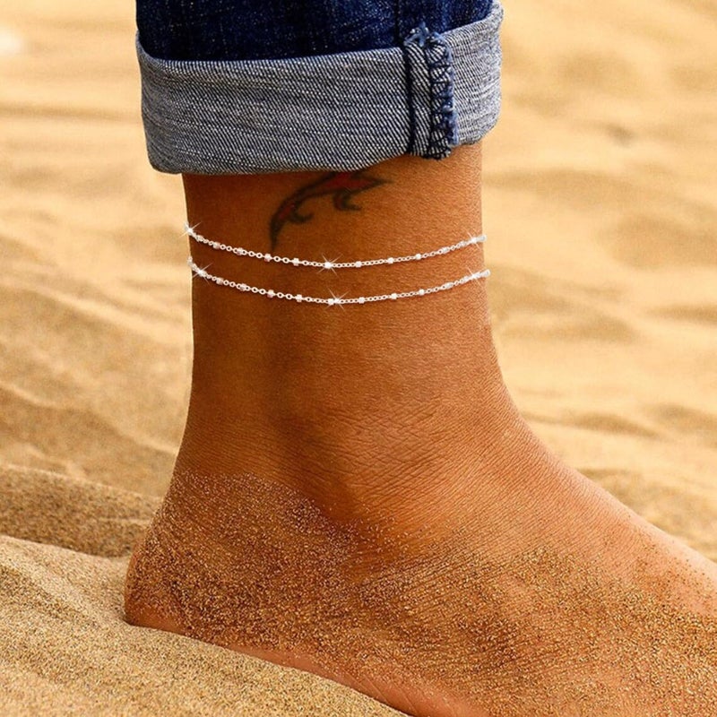 MIDEEO Gold/Silver Ankle Bracelets for Women,14K Gold Anklets for Women Waterproof Cuban Link Heart Beads Herringbone Rhinestone Anklets Set Layered Anklet Bracelets for Women Gold Jewelry Gift - Image 5